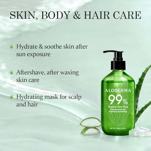 Aloderma Aloe Vera Gel - Large 17.6oz Value Pump - Made within 12 Hours of Harvest with 99% Organic Aloe Vera, Lightweight, Non-Sticky for Sunburns, Natural, Soothing Aloe Vera for Face & Hair