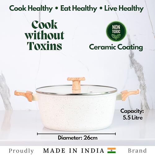 Image of Kreme Ceracook Ceramic Coated Granite Casserole 5.5Ltrs /26cm with Glass Lid, Stew Pot, Biriyani, Rice, ISI Certified, Forged Aluminium, Gas & Induction Use, PFAS & PTFE Free, 1 Yr Warranty, Ivory