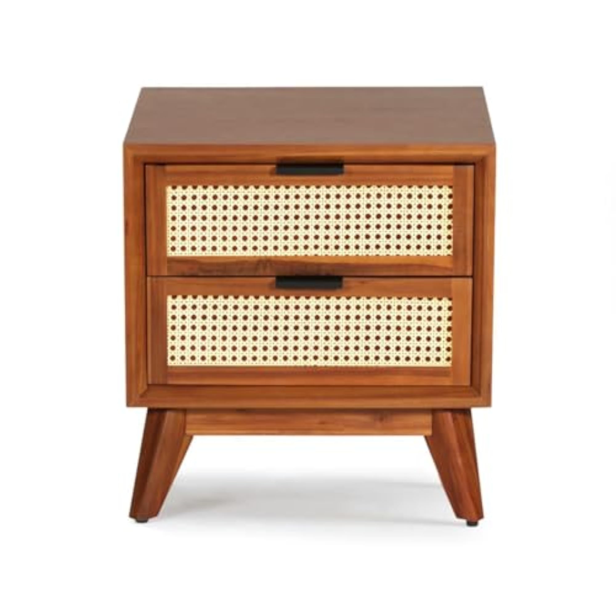 Solid Wood Bedside Table with Rattan Drawers