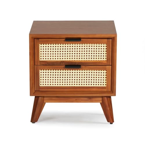 Image of Solid Wood Bedside Table with Rattan Drawers Mid Century Night Stand Cane Mid Century Modern Side Table with 2 Drawers-Multipurpose use for Living Room,Bedroom (Honey Finish)