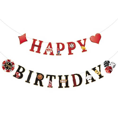 Image of Casino Happy Birthday Banner Casino Theme Birthday Decorations Poker Game Party Banners Garland for Las Vegas Themed Poker Game Night 21st Birthday Party Supplies