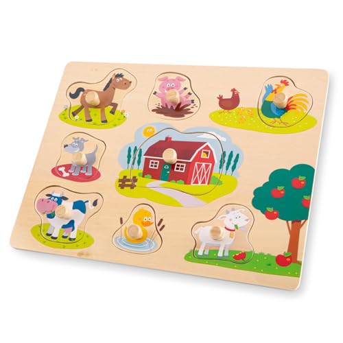 Woet Puzzle De Botones Granja De Juguete De Madera Para Pequeños - 8 Piezas - Juguete Educativo De Motricidad Fina - A Partir De 2 Años