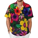 KPXXAQT Camisas de manga corta con estampado de flores de arco iris para hombre, ligeras, informales, de verano, vacaciones, suaves, elegantes, para hombre, Negro, XL