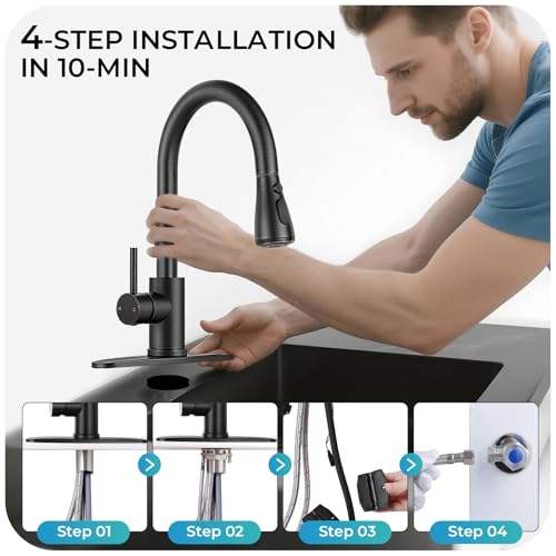 Image of Kitchen Faucet with Pull Down Sprayer - ORB Single Handle Kitchen Faucets, High Arc Stainless Steel Pull Out Kitchen Sink Faucet with Deck for RV Laundry Farmhouse Bar