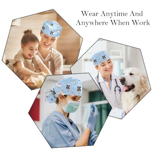 Image of 2 PCS Bouffant Cap with Button Ponytail Pouch Working Cap Sweatband Adjustable Surgical Cap Black and White Cow