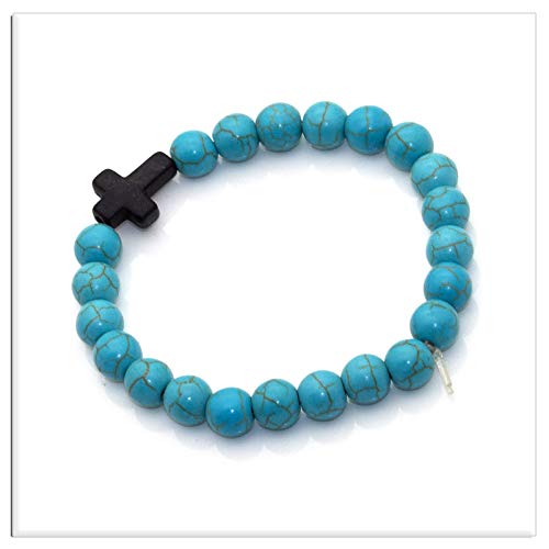Image of Xusamss Fashion Religious Cross Bracelet 8mm Tiger Eye Turquoise Beads Elastic Bracelet,7 1 /2 wrist