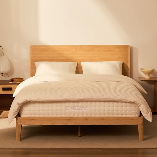 FLEXISPOT Hako G4 Queen Bamboo Platform Bed Frame with Charging Storage Headboard Japanese Joinery Bed Frame Built-in Night Light Minimalist Style Quick Assembly 1300 lbs Capacity Natural