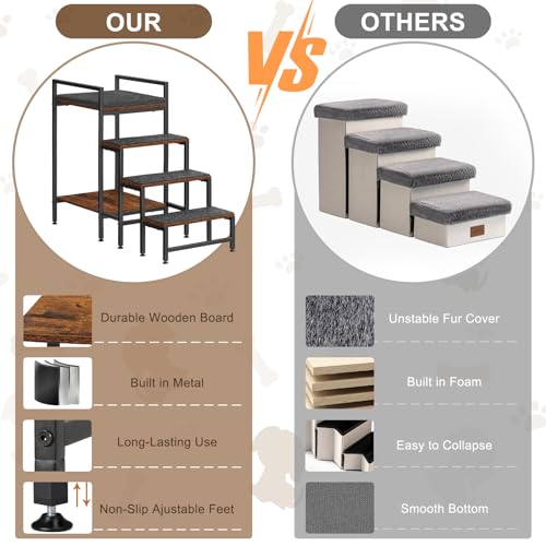 CADUKE Hundetreppe für Bett, robuste Katzentreppe aus Metall und Holz, 4 Stufen Haustiertreppe für alte Katzen, kleine Hunde, Braun und Schwarz, 33 x 85 x 63cm
