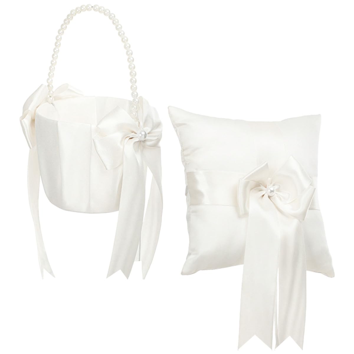 Romantisches Ringkissen und Blumenkorb Satz für Hochzeit mit Perlen und Spitze Weißes Satin Ringkissen und Zarter Blumenmädchenkorb für Hochzeitszeremonie