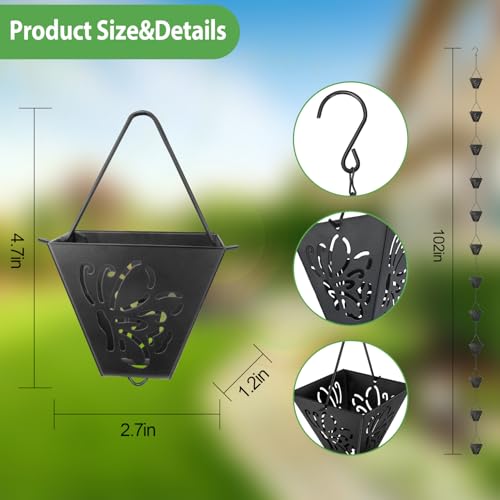 JYPS 8.5FT Rain Chain, 12 Cups Black Butterfly Metal Rain Chains for Gutters, Functional Replacement Downspout, Decorative Your Garden and House. - Thumbnail 2