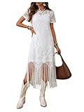 WDIRARA Women's Western Concert 2 Piece Outfits Short Sleeve Sheer Fringe Dress and Cami Dress Set White X-Large