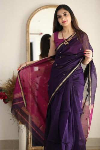 Image of Flosive inchRoyal Purple Banarasi Cotton Blend Saree for Women with Rich Zari Border and Traditional Floral Weaving Design inch