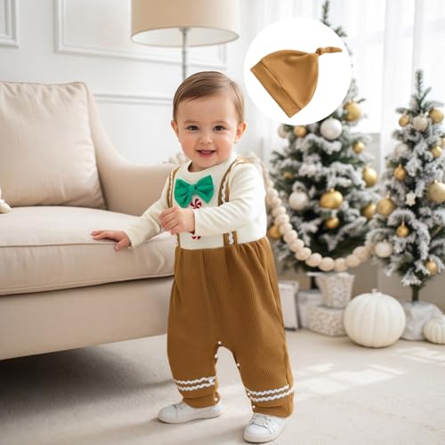 My First Christmas Baby Boy Outfit Newborn Gingerbread Man Romper Waffle Jumpsuit With Hat Cute Xmas Clothes2