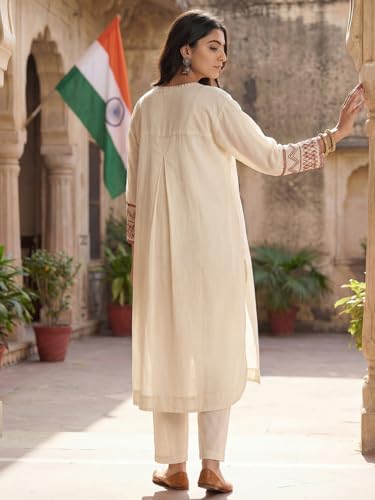 Image of INDO ERA Women's Pure Cotton Ethnic Motifs Embroidered Straight Kurta & Pant Set (IERTF11334)