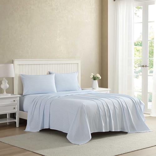 Image of Laura Ashley - Full Size Sheet Set, Crisp & Lightweight Cotton Percale Bedding with Fitted Sheet and Pillowcases, Striped Room Decor, Deep Pocket, College Dorm Room Essentials (Bedford Skinny Blue)