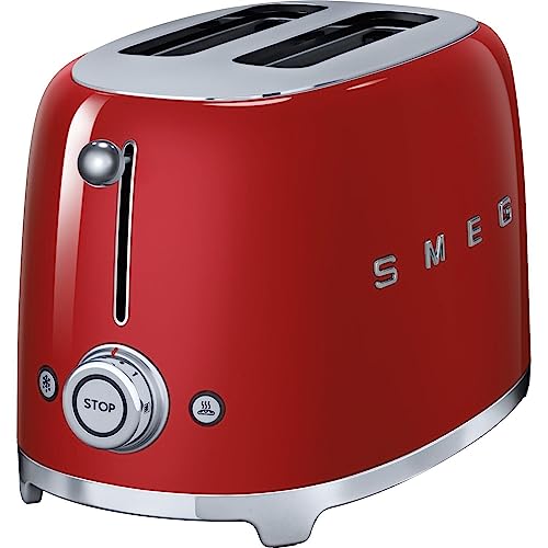 Smeg TSF01RDUK Retro 2 Slice Toaster, 6 Browning Levels, Extra-Wide Bread Slots, Defrost and Reheat Functions, Removable Crumb Tray, 950 W, Red