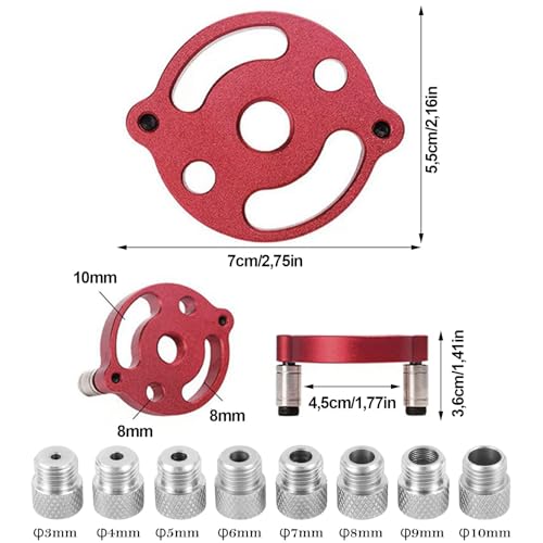 Holzbearbeitungs Bohrhilfe, Bohrlocher Mittenfinder, Vertikales Selbstzentrierendes, mit 3/4/5/6/7/8/9/10 mm Bohrbuchsen, Vertikale Dübelvorrichtung aus Aluminiumlegierung, Rot