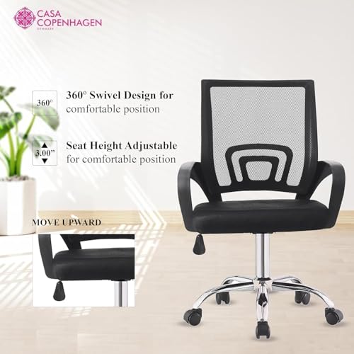 Image of Casa Copenhagen Mesh Mid Back Office /Study /Computer /Revolving /Desk Chair for Work from Home -Metal Base, Height Adjustable Seat - Black & Black Handle