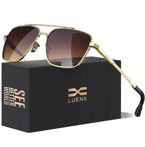 LUENX Aviator Sunglasses for Men Women PolarizedSquare Polygon Gradient Brown Lens Gold Metal Frame 58MM