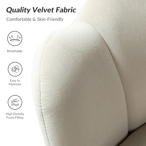 Image of HULALA HOME Modern Velvet Accent Chair with Shell Shaped Back, Cute Living Room Bedroom Armchair Sofa Chair with Gold Legs, Comfy Upholstered Vanity Chair for Makeup Room, Tan