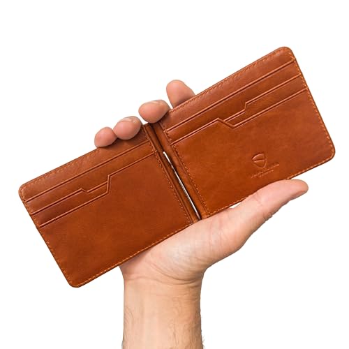 Image of Vaultskin BROMPTON Slim Leather Money Clip RFID Wallet for Men (Cognac)
