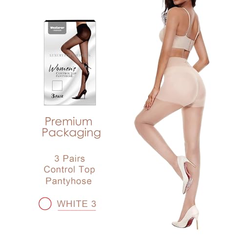 Image of Weziarer 3 Pairs Women's Control Top Pantyhose - 20D Sheer Tights with Reinforced Toes (White,L)