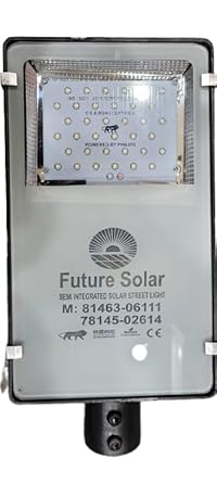 Future Solar Semi-Integrated Domestic LED Solar Street Light * Solar Semi-Integrated 24 Watt Street Light * Solar Module 75WP * Battery 24AH *Driver 85% * Water Proof IP>65 Lumens >110lm/w * Intelligent dimming * Battery Charging and battery lowindication * Auto duck to dawn Operation * two night Backup on fully Charged *Over Charging Protection, deep Discharge Protection * Certifcations: 9001:2015:NSIC, MSME