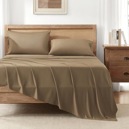 Image of Andency Taupe Queen Sheets Set 100% Viscose Derived from Bamboo | Cooling Summer Sheets, Deep Pocket Up to 16 inch, Silky Soft Hotel Luxury Breathable Bedding Sheets & Pillowcases