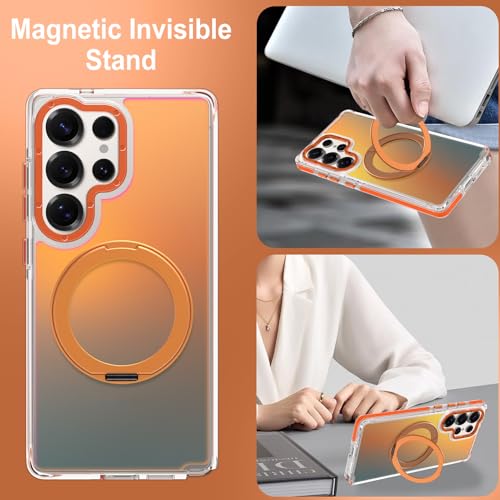 Image of Magnetic for Samsung Galaxy S25 Ultra Case with 360 Stand [Compatible with Magsafe] [Fluorescent Design] [1 Screen Protector] Slim Translucent Matte Case for Galaxy S25 Ultra 6.9 inch, Orange