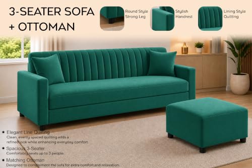 Image of 3 Seater Sofa with Ottoman | Modern Upholstered Couch | Vertical Channel Tufted Backrest | Comfortable Cushioned Seating | Contemporary Sofa Set for Living Room & Office - Green Color