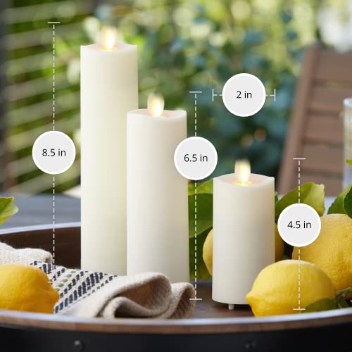 Image of Luminara Outdoor Slim Pillar Flameless LED Candle, Set of 3 Ivory, Moving Flame Weather Resistant Remote Timer Ready Battery Operated Safe Melted Edge