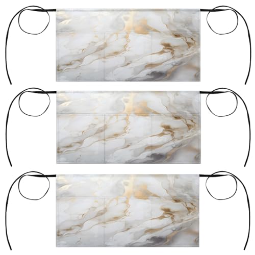 Dusviba White Gold Marble Pattern 3 Pack Server Aprons with Pockets, Polyester Half Waist Aprons for Men & Women, Water-Resistant Waitress Aprons for Restaurant, Kitchen Bar Garden 23.6 x 12 In