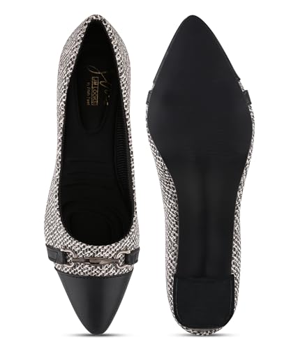 Image of JM LOOKS Professional Textured Block Heel Pumps with Metallic Buckle Accent and Modern Two-Tone Cap Toe Design
