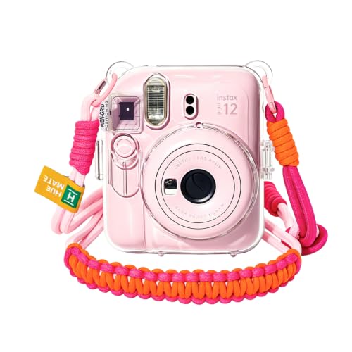 Huemate Clear Case for Fujifilm Instax Mini 12 Protective Cover with Anti-Accidental Shutter 4 Composition Cards Photo Storage Holds 10 Films Pink Adjustable Strap Clear Hard Shell No Camera