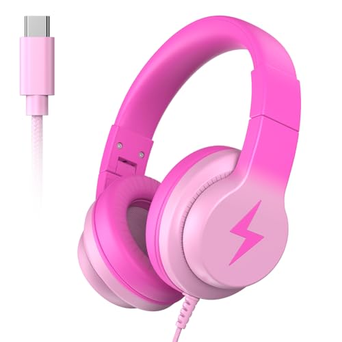 Candy Bila Wired USB C Kids Headphones, 85dB Safe Volume Limit, HD Stereo Sound, Adjustable Headband, Foldable Over-Ear Design for...