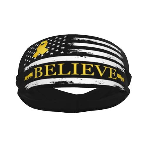 Childhood Cancer Believe American Flag Gold Ribbon Adjustable Sports Headband Moisture Wicking Sweatband for Running Workout2