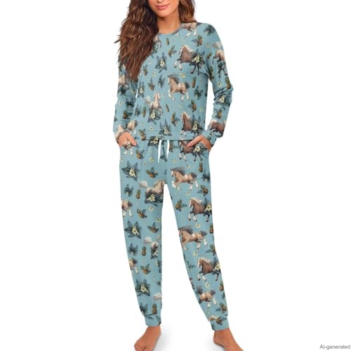 Image of Women's 2 Piece Printed Pajama Set Long Sleeve Sleepwear Set with Long Pants Casual Lounge Sets with Pocket
