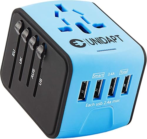 Unidapt Universal Travel Adapter, International Plug Adapter Fast 2,4A 4-USB European Power Plug, AC Wall Charger - Worldwide Outlet for Europe US USA UK EU AUS, Blue