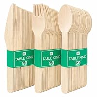 Table Kind 150 x Großpackung Besteck aus Holz, biologisch abbaubar, Messer, Gabeln, Löffel, perfekt für Geburtstagspartys, Camping, Picknicks oder Grillabende, Catering, Utensilien 17 cm