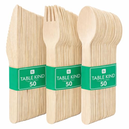 Table Kind 150 x Großpackung Besteck aus Holz, biologisch abbaubar, Messer, Gabeln, Löffel, perfekt für Geburtstagspartys, Camping, Picknicks oder Grillabende, Catering, Utensilien 17 cm