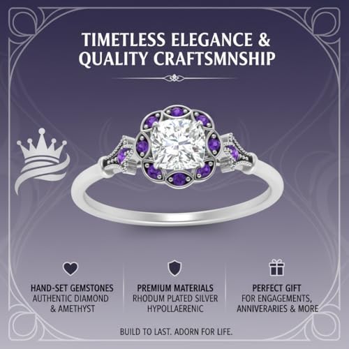 Image of Choose Your Gemstone Vintage Halo Diamond CZ Engagement Ring Sterling Silver Cushion Shape Vintage Engagement Rings Minimal Modern Design Birthday Gift Wedding Gift US Size 4 to 12