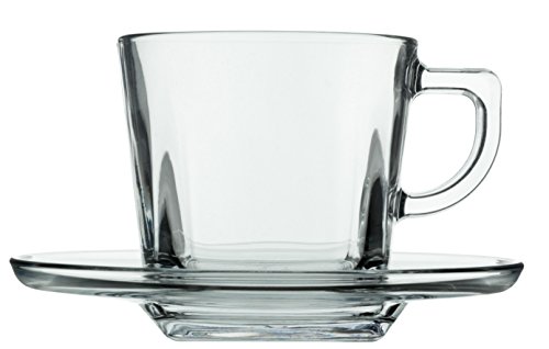 Lecce Squared Clear Glass Tea & Coffee Cups with Saucers, Set of 6-7 oz