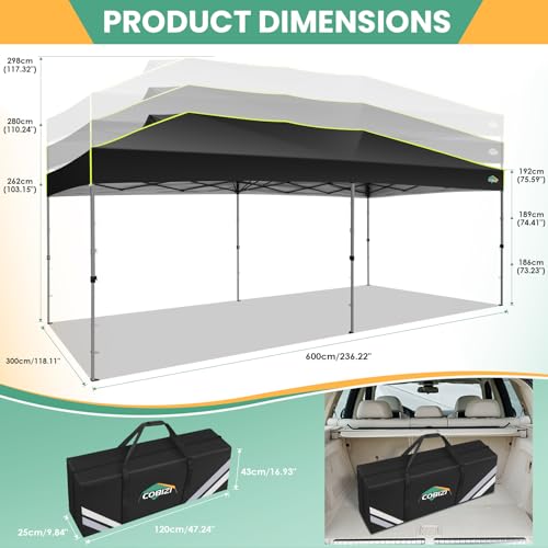 Image of COBIZI 10x20 Pop Up Canopy Tent, Outdoor Party Tent with 6 Sidewall One Push Setup Glow, 3 Adjustable Height Air Vent Waterproof UPF50+, Bag, 4 Sandbag, 6 Stake, 12 Rope for Beach, Commercial