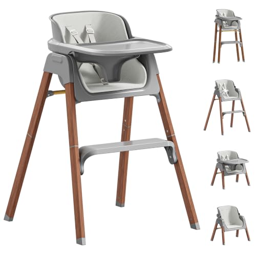Image of Fodoss Baby High Chair, 4-in-1 Convertible Gray for Babies & Toddlers | Grows with kids across stages, Thick Wood-print Metal Frame ensures stability, 5-point harness & dishwasher-safe tray