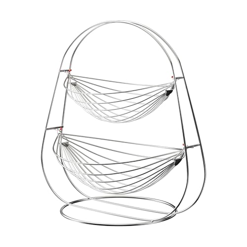 Image of Kuber Industries Stainless Steel 2 Tier Oval Swing Fruit and Vegetable Basket | Countertop Onion Potato Rack for Kitchen /Pantry | Fruit Basket for Dining Table | Vegetable Storage Stand | Silver