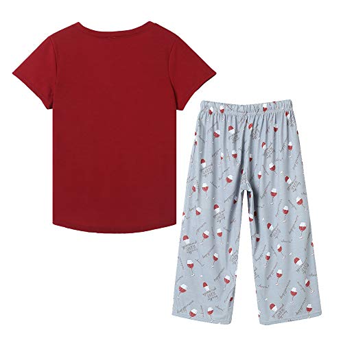 Yijiu Pajamas For Women Wine Glass Printed Sleepwear Two Piece Pajama Set, Red Wine, Large #TOP1