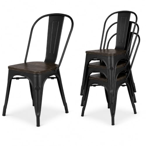 Kosmi Lot de 4 Chaises Industrielles Factory avec Assise en Bois Naturel – Chaises de Salle à Manger, Cuisine et Bureau – Structure Métal Noir Mat – Empilables – Style Loft Vintage