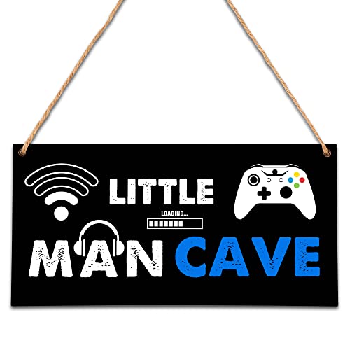 Image of Little Man Cave, Gaming Wooden Door Sign for Gamer Room Decor, Boys Decorations for Bedroom Nursery Playroom Wall Art (5"x10") -A02