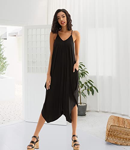 Double Chic Women's Jumpsuit With Pockets V Neck Casual Spaghetti Strap Plus Size One Piece Flowy Harem Rompers #TOP5