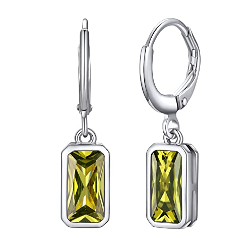 Bestyle Silver August Birthstone Drop Dangle Earrings - Created Peridot Baguette Earrings For Women Girls - Dainty Cute Small Silver Huggie Hoop Dangle Earrings For Birthday Wedding Party Gowns #TOP4